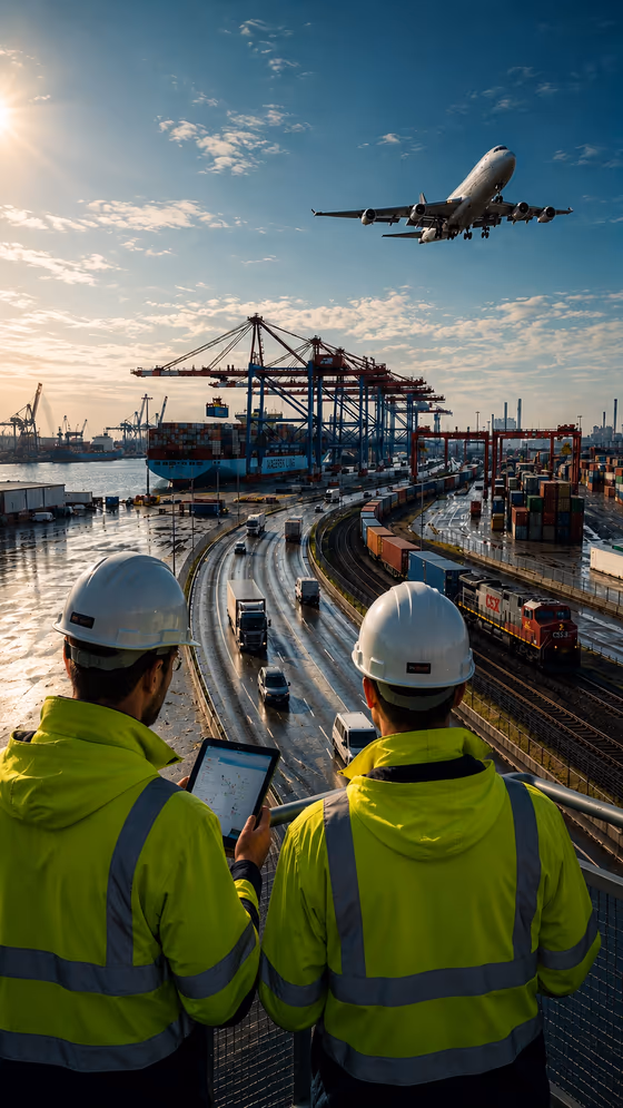 Operarios portuarios supervisando una terminal de contenedores